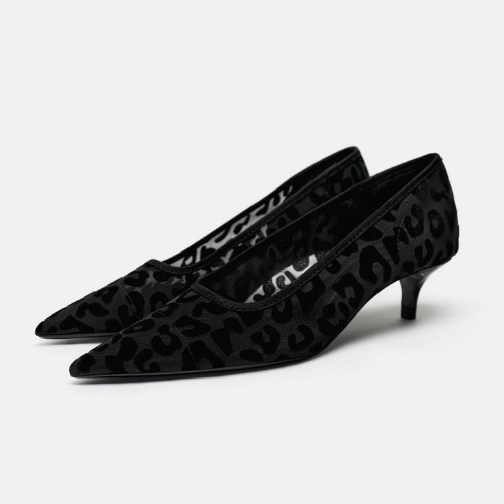 ZARA LIMITED EDITION ANIMAL PRINT KITTEN HEEL MESH SHOES